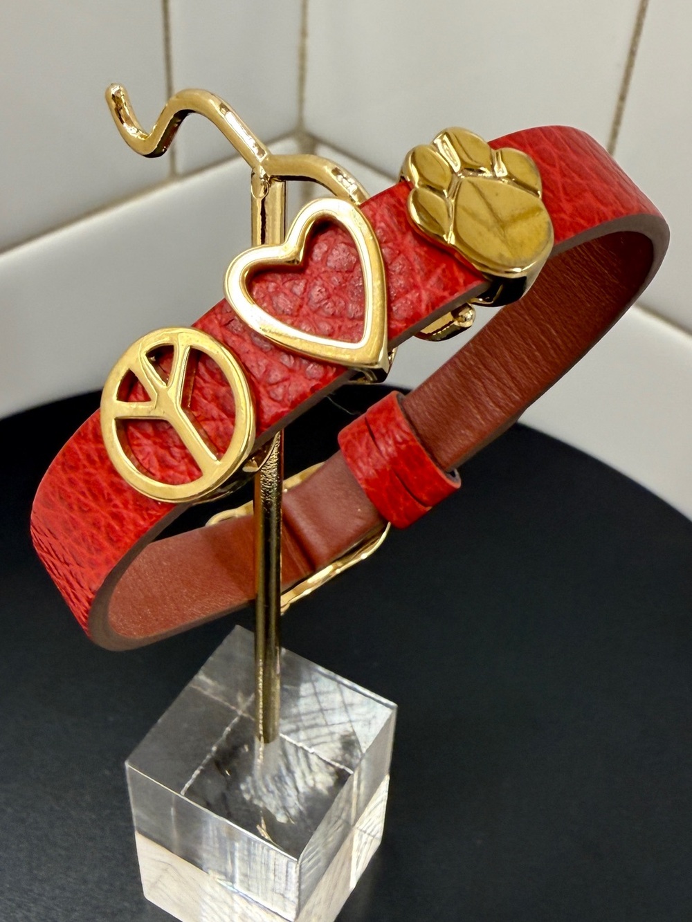 Red Leather Charm Bracelet with Gold Accents